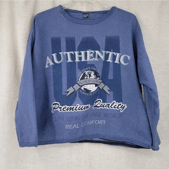 Tompkins Ave 90s Vintage USA Cropped Crewneck Blue One Size OSFA Oversized - Picture 1 of 12